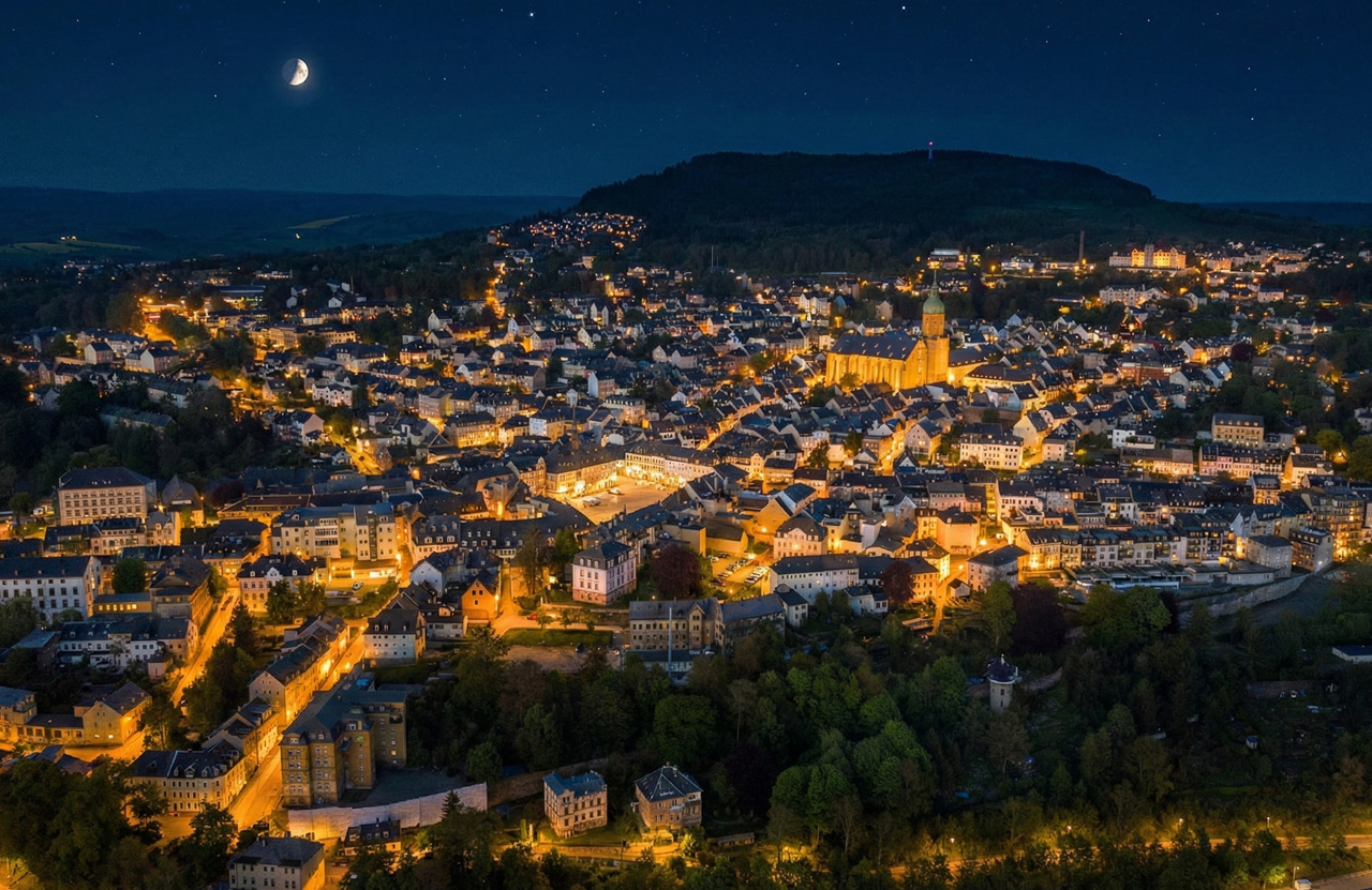 Nachtansicht der Stadt Annaberg Buchholz mit beleuchteten Gebäuden und Hügel im Hintergrund.