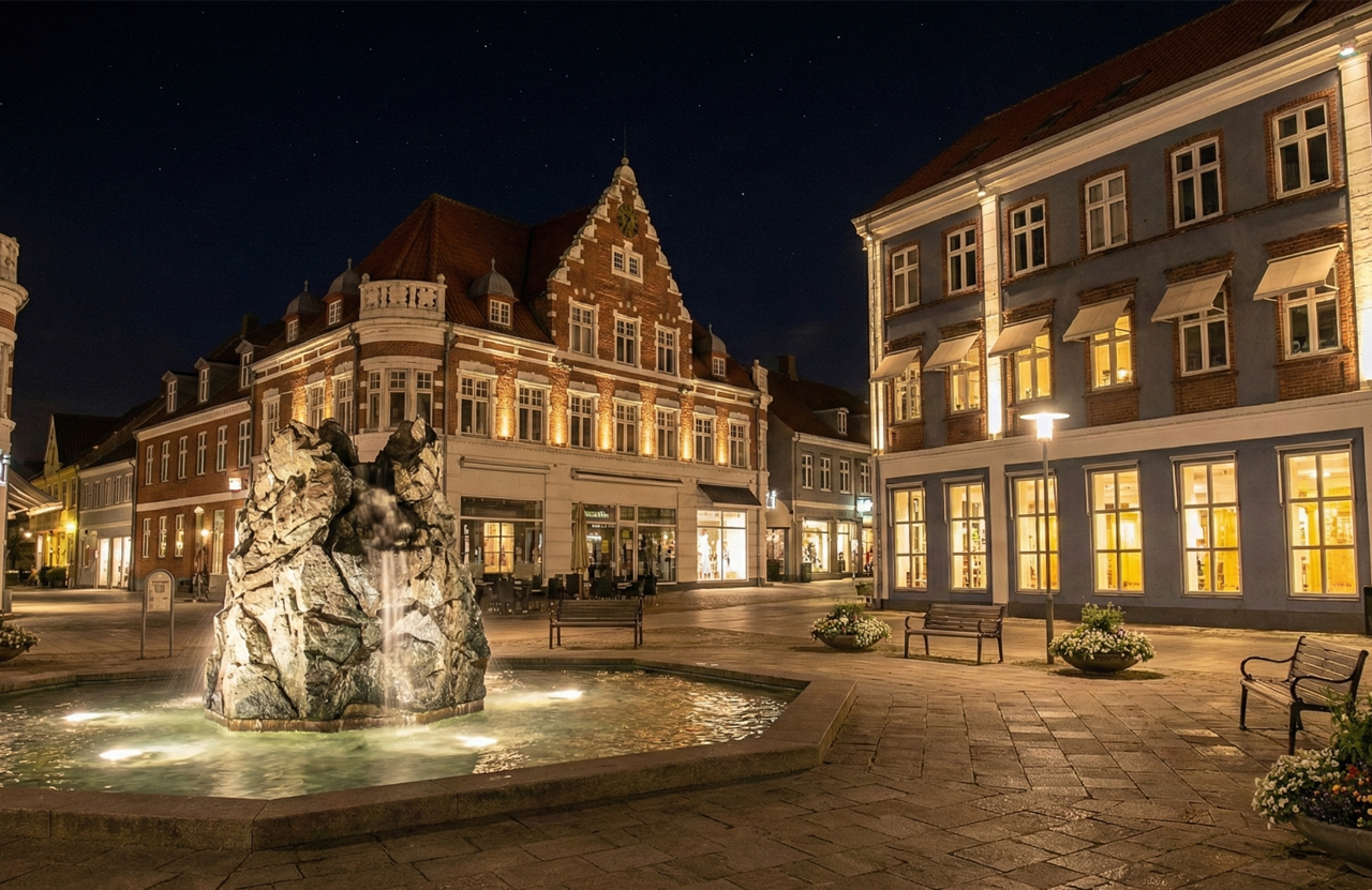 Nachtansicht der Stadt Holstebro mit Brunnen und beleuchteten Gebäuden.