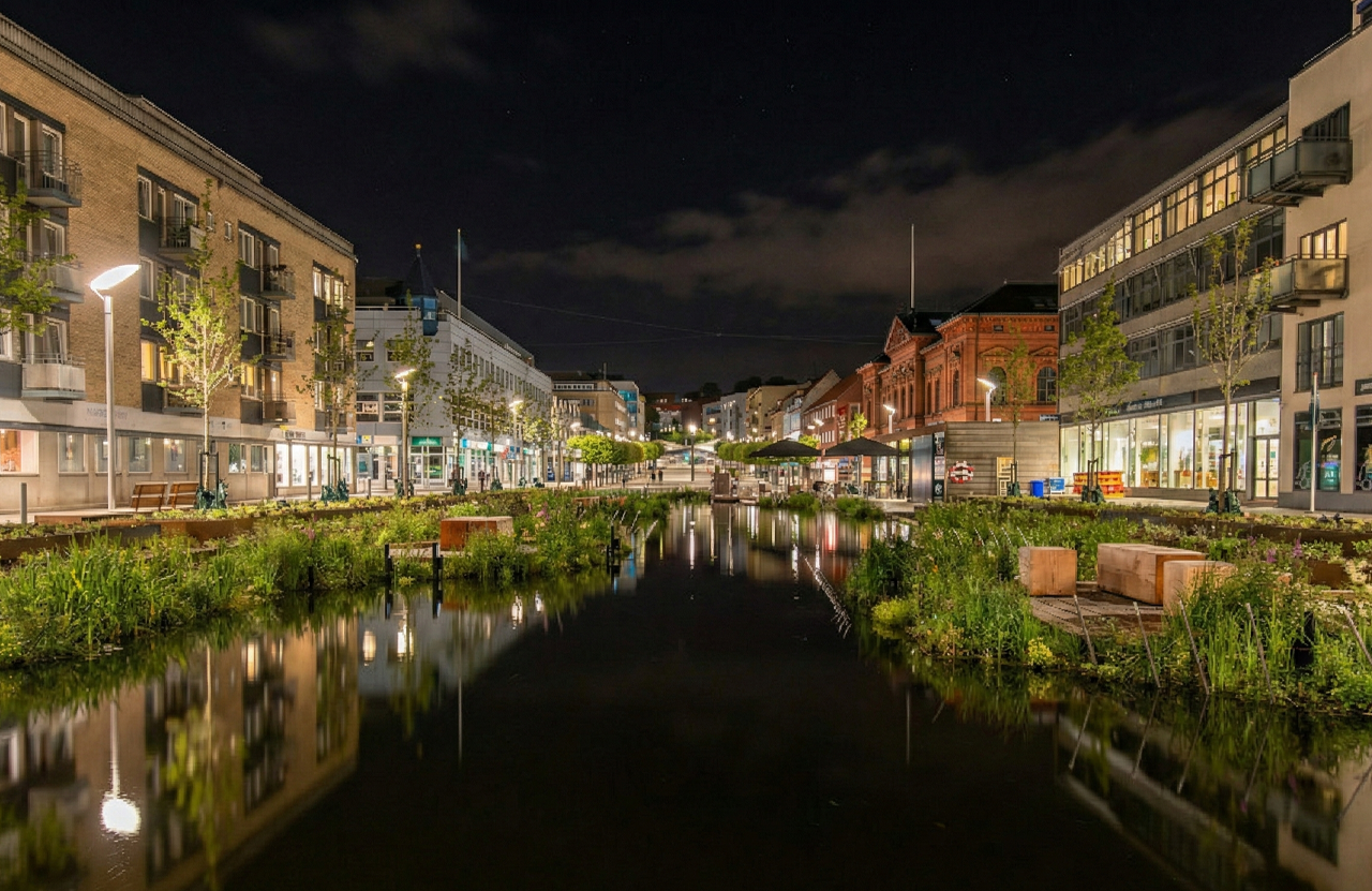 Nachtansicht der Stadt Randers mit beleuchtetem Kanal und modernen Gebäuden.