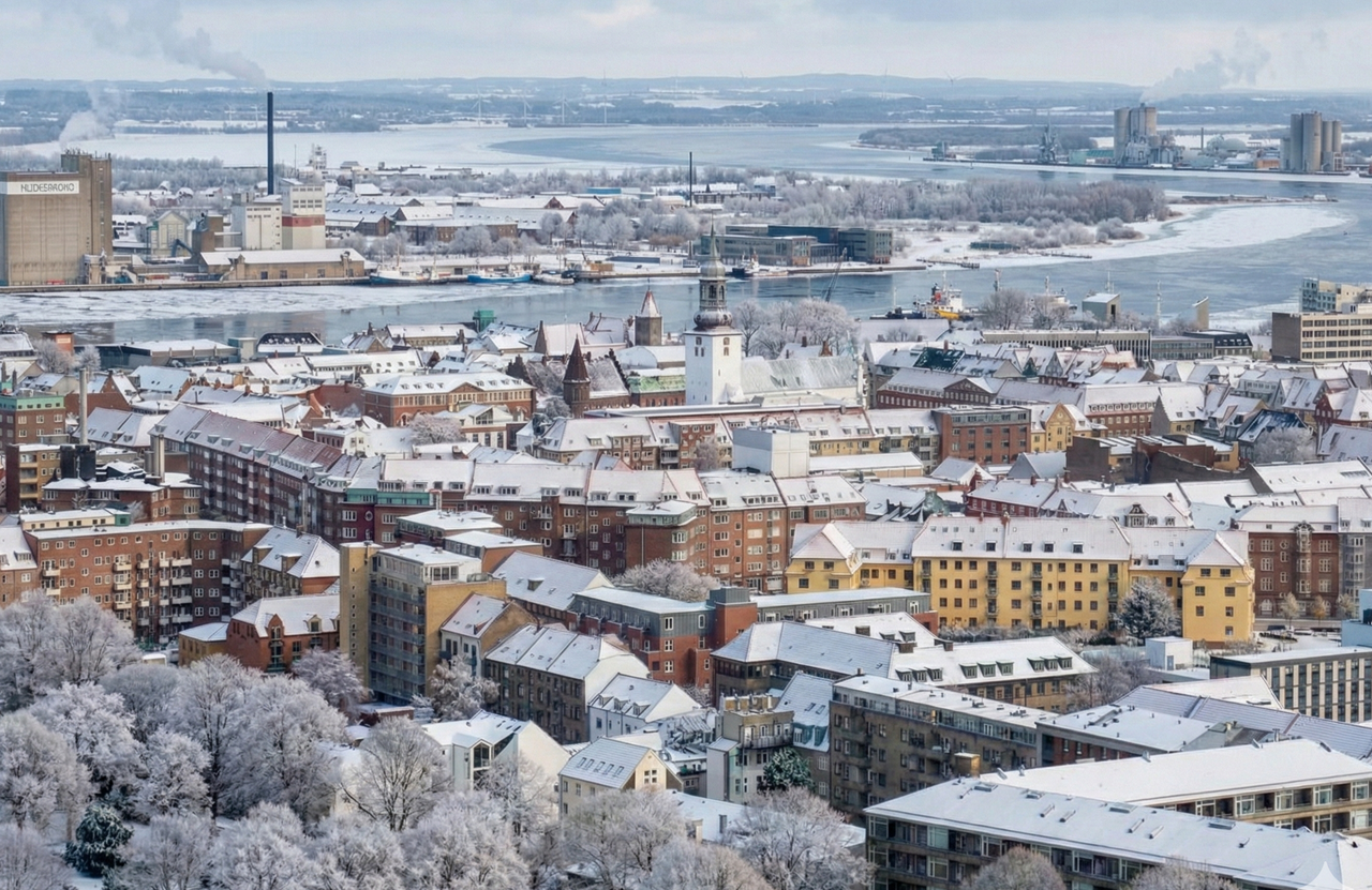 Stadtansicht von Skive mit schneebedeckten Dächern und einem Fluss im Hintergrund.