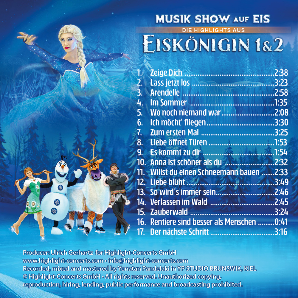 Cover zu Die Eiskönigin mit Elsa, Olaf und weiteren Charakteren sowie Titelliste der Musikshow.