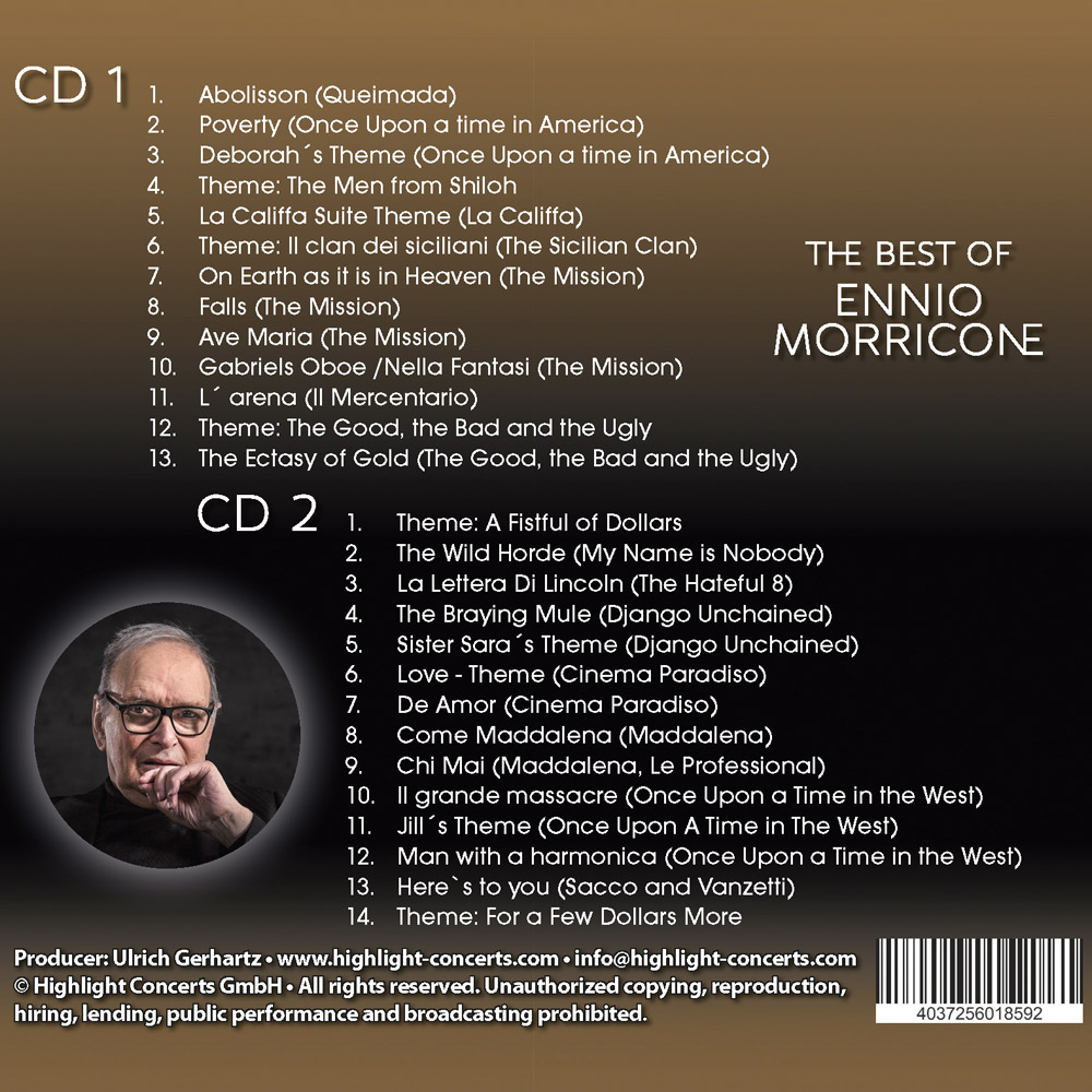 Cover zu Ennio Morricone Doppel CD Back mit Tracklist und Bild des Komponisten.