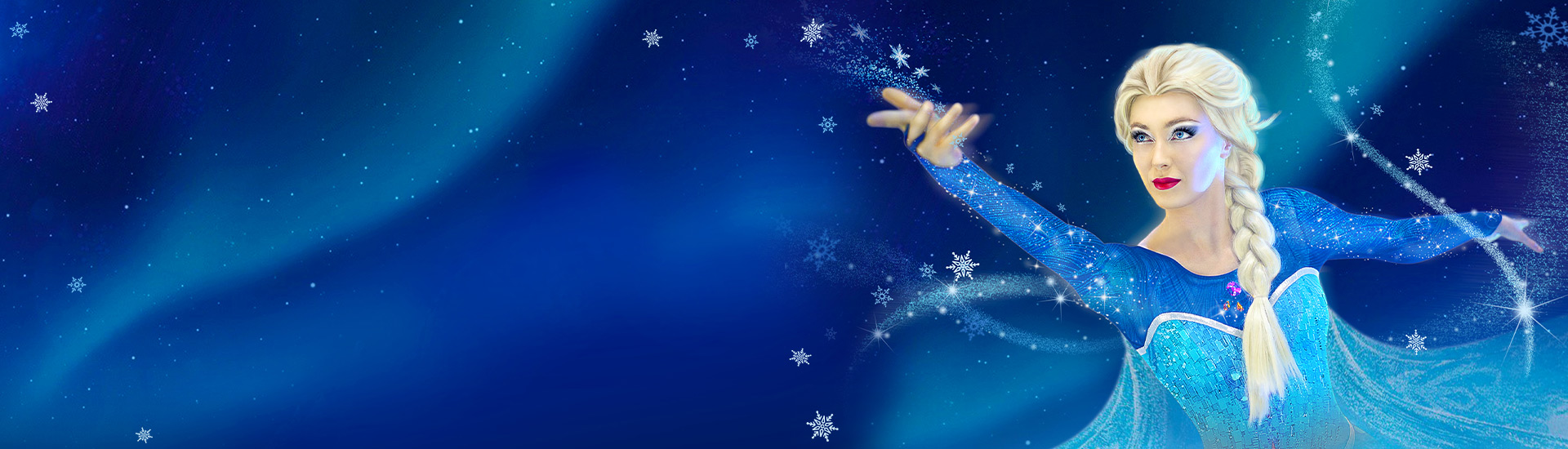 Teaserbild zu Eiskönigin mit einer schneeköniginähnlichen Figur vor einem blauen Hintergrund.