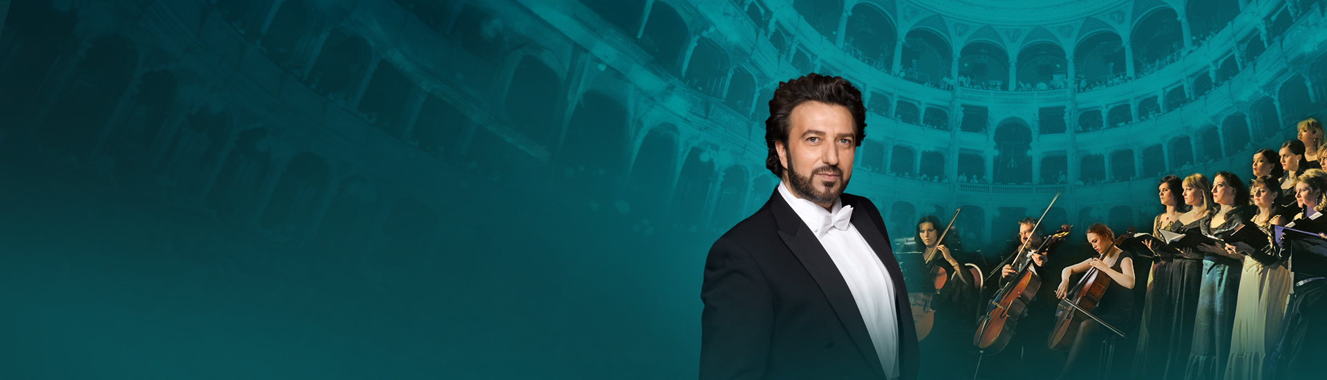 Teaserbild zu Die große Verdi Gala mit einem Sänger und einem Chor im Hintergrund.