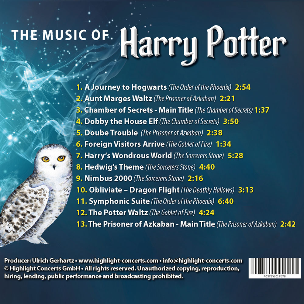 Cover zu The Music of Harry Potter mit Trackliste und Eule im Hintergrund