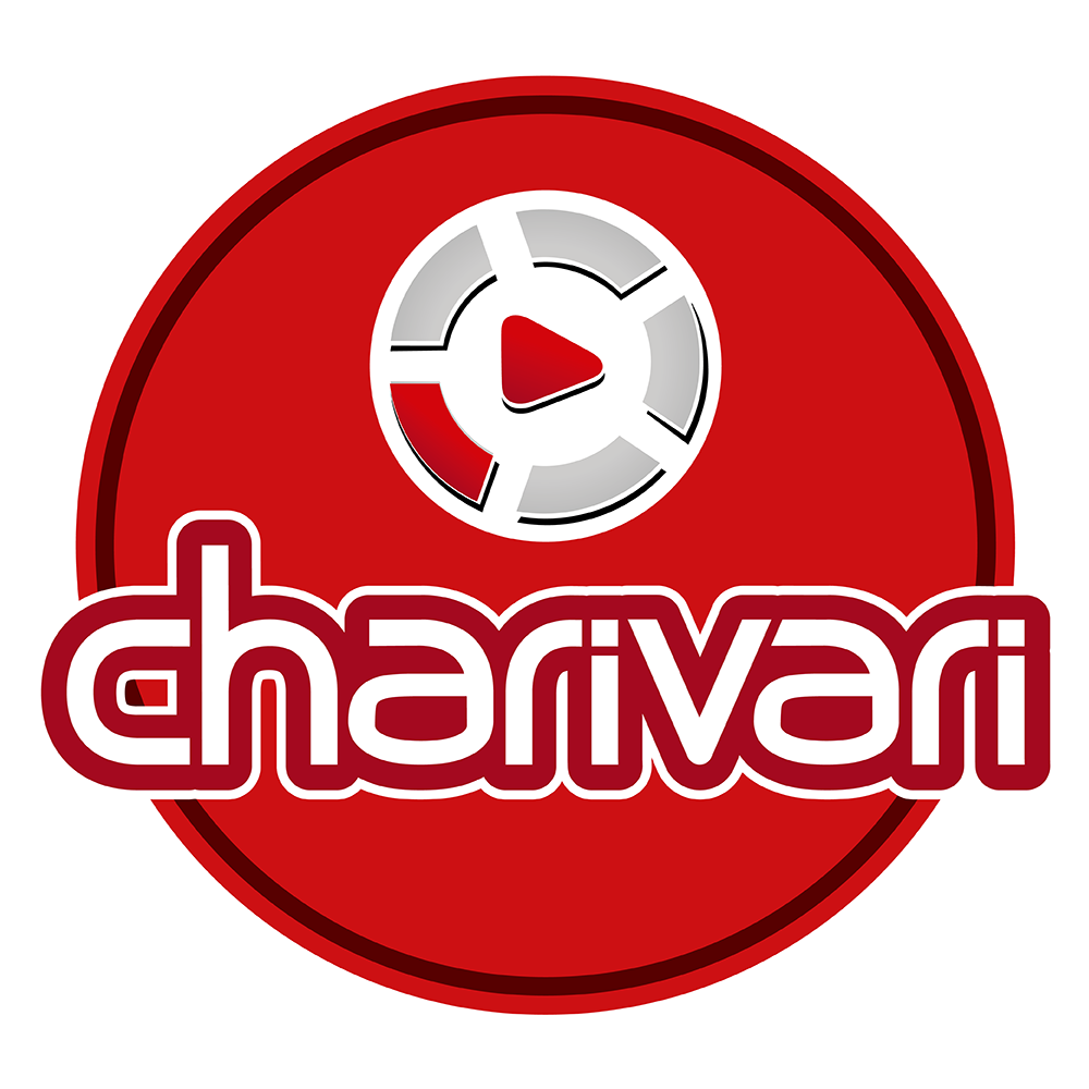 Logo von charivari in einem roten Kreis mit einem Play-Symbol.