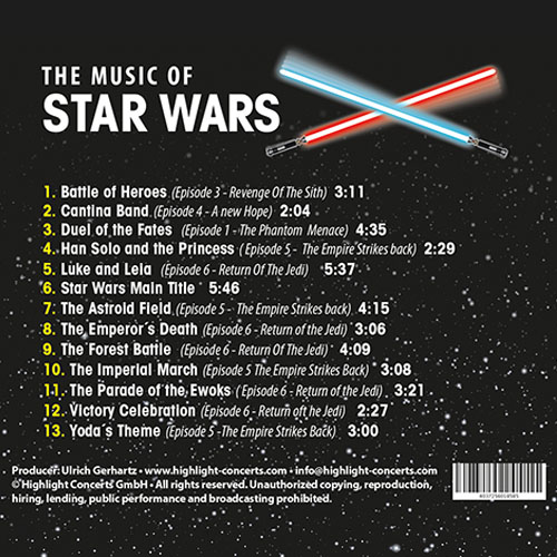 Cover zu The Music of Star Wars mit Lichtschwertern und Trackliste.