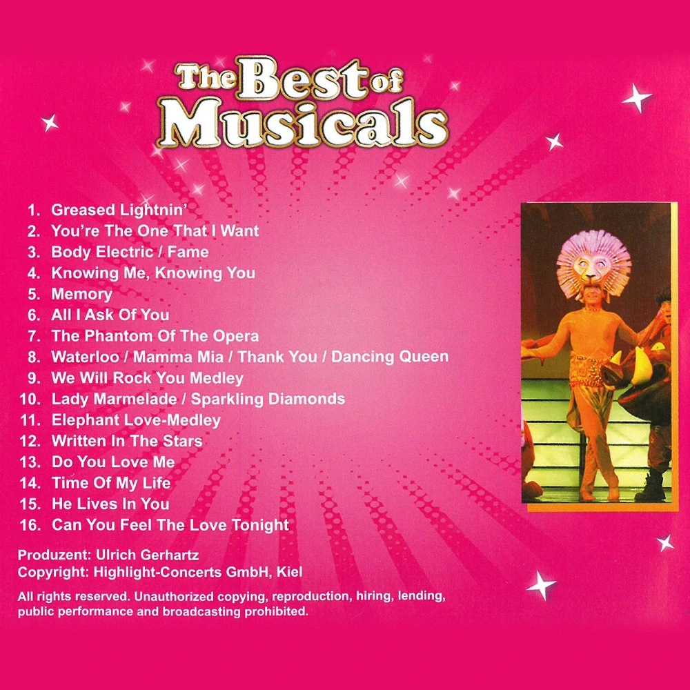 Cover zu The Best of Musicals mit Titeln und buntem Hintergrund.