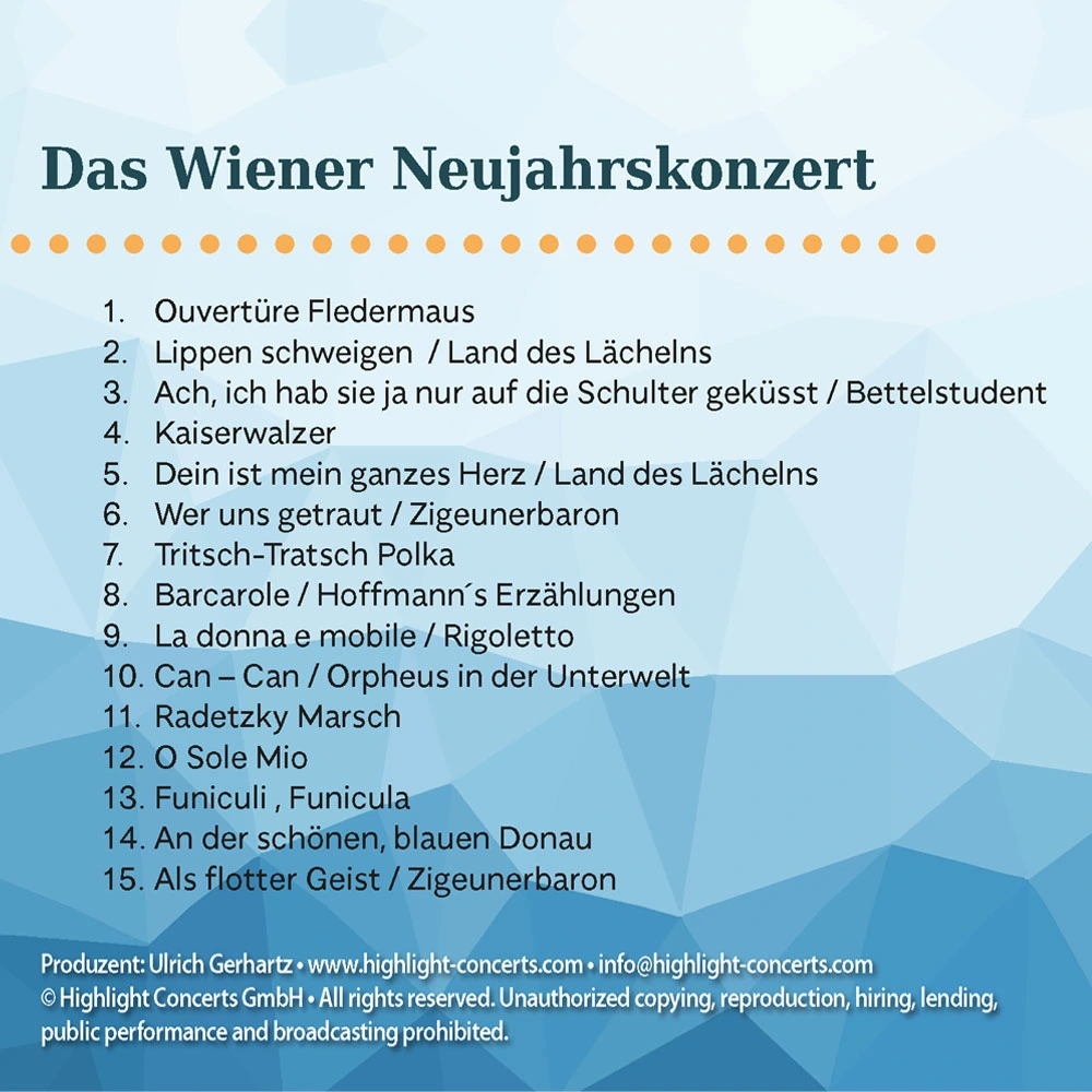 Teaserbild zu Das Wiener Neujahrskonzert mit Programmübersicht und Titeln der Stücke.