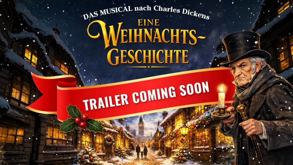 Teaserbild zu Eine Weihnachtsgeschichte mit festlicher Stadtansicht und Hinweis auf kommenden Trailer.
