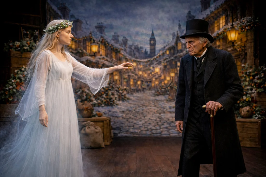 Teaserbild zu Eine Weihnachtsgeschichte mit einer Frau in einem weißen Kleid und einem älteren Mann in einem schwarzen Anzug.